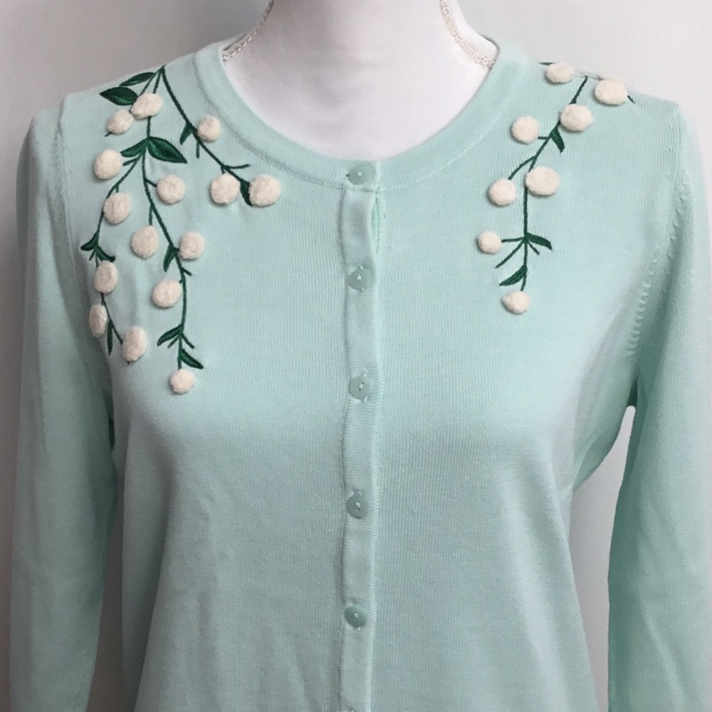 Talbots Mint Green Embroidered Pom-Pom Button Front Cardigan - Picture 2 of 7